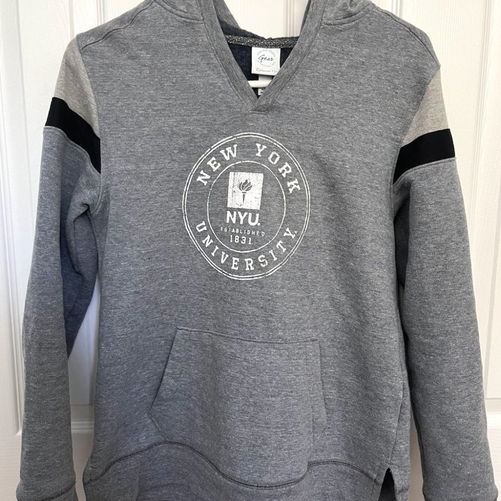 New York University Grey and White Fleece Hoodie, size Small